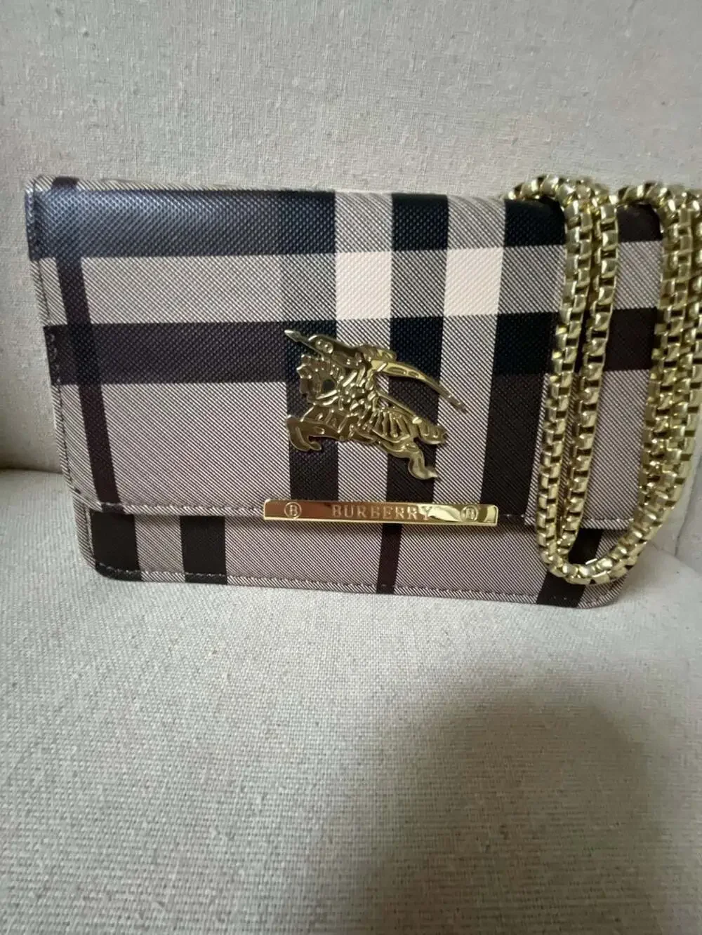 Burberry House Check Crossbody Bag with Chain Strap and Logo Plaque